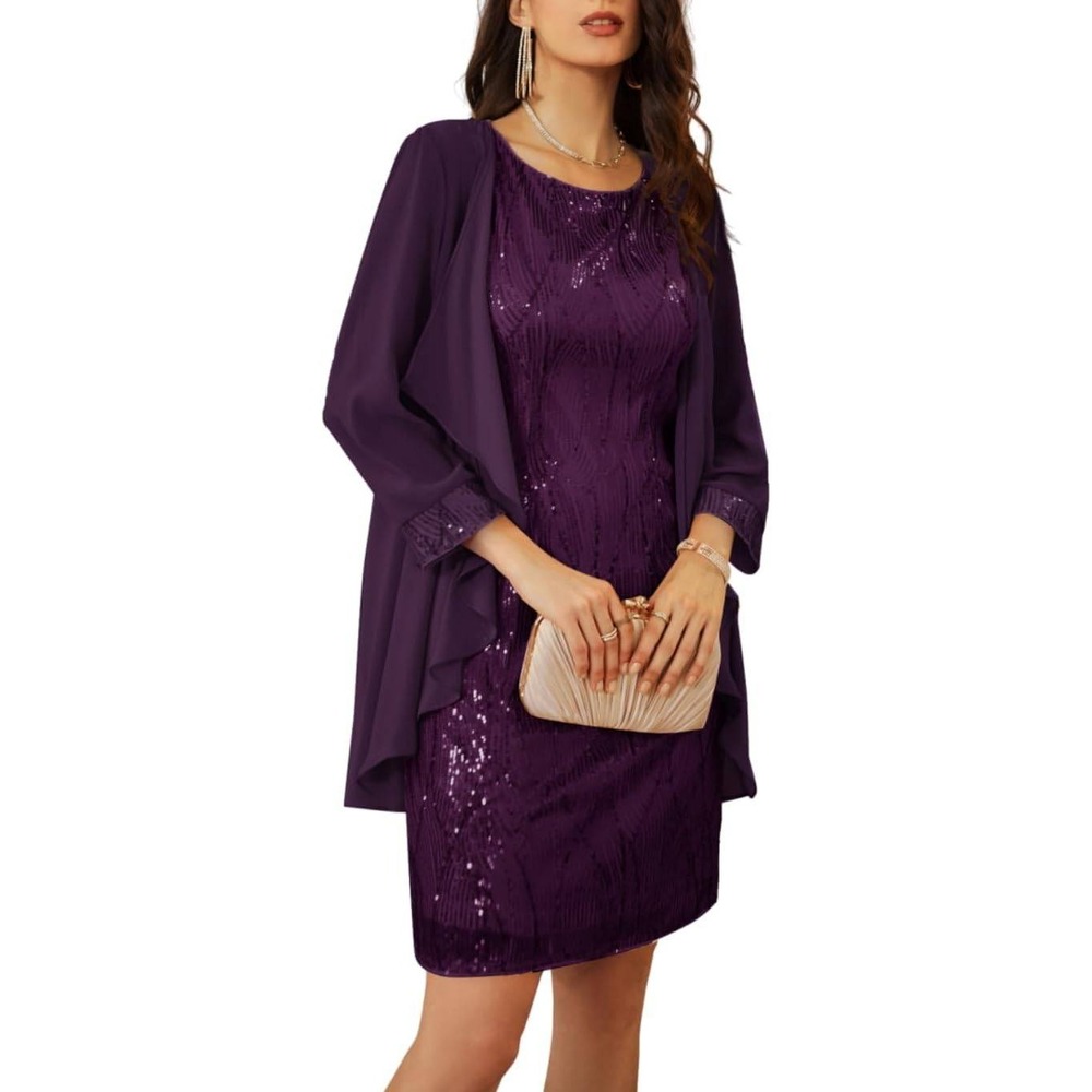 Grace Karin Women's Purple Sequin Dress‎ with Chiffon Overlay Jacket 2 Piece XL